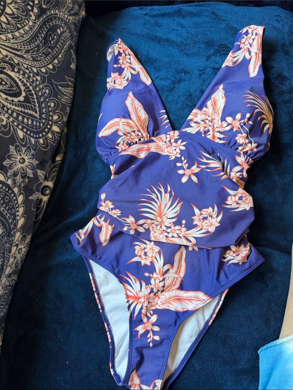 Source Unknown Blue One-Piece Swimsuit with Peach Floral Print